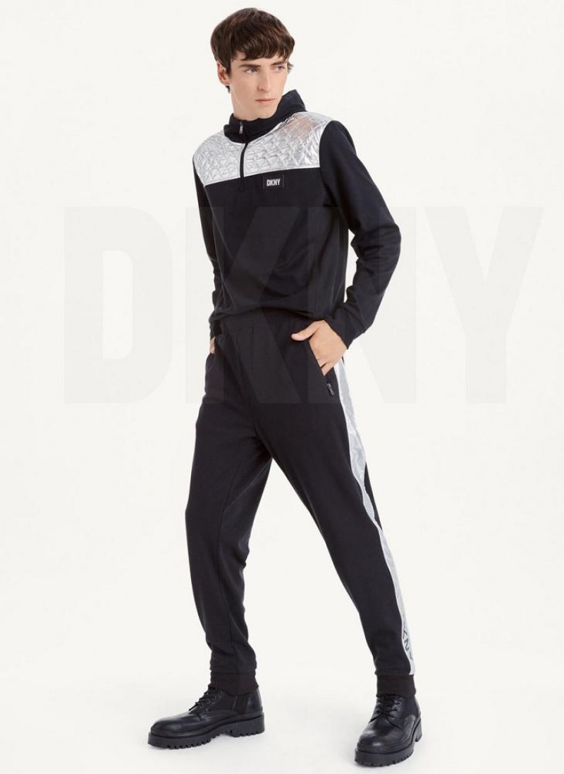 Black DKNY Silver Panel Dstring Men's Pants | USA-D1193