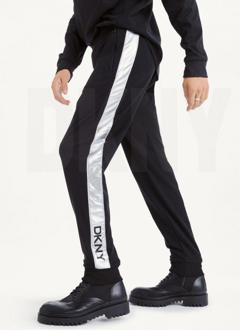 Black DKNY Silver Panel Dstring Men\'s Pants | USA-D1193
