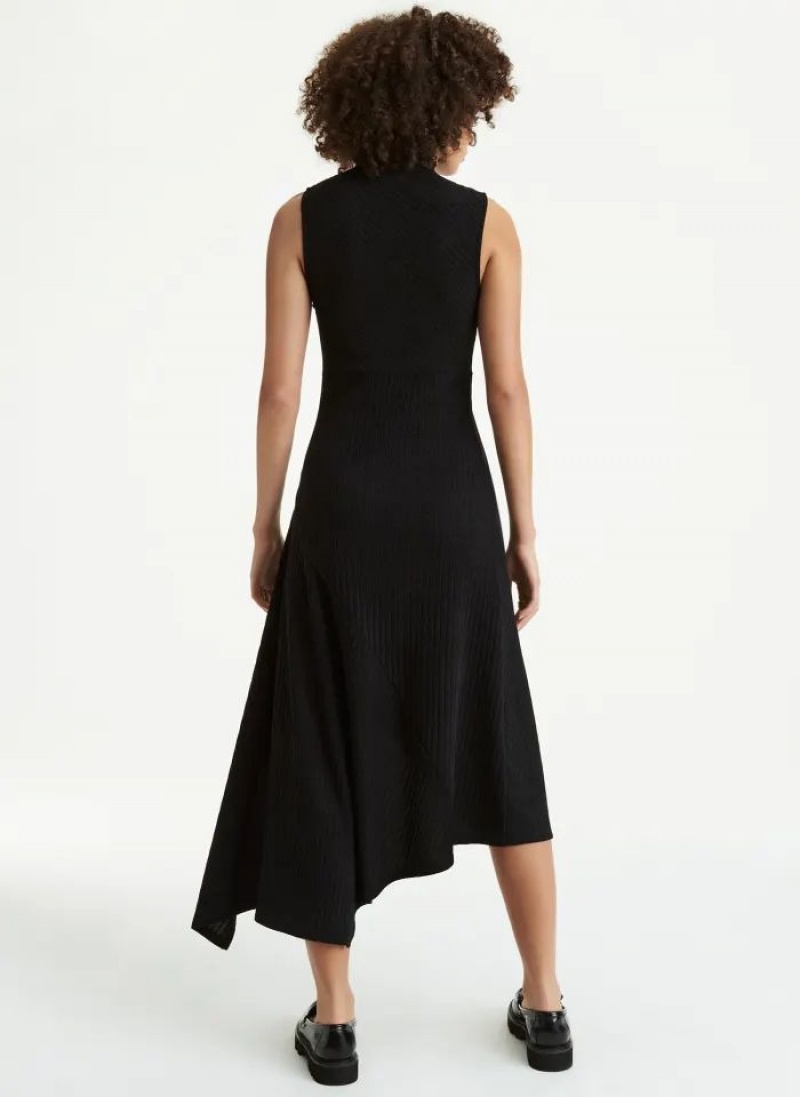 Black DKNY Sleeveless Asymmetrical Rib Hacci Midi Women's Dresses | USA-D0605