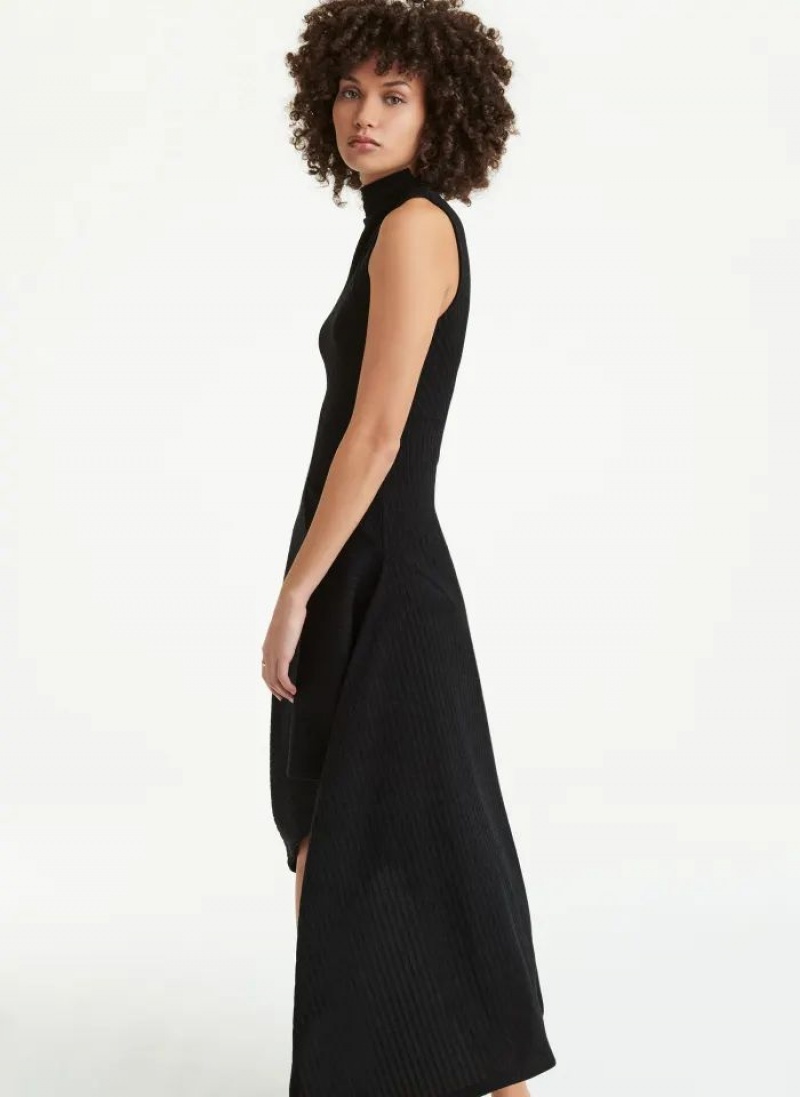 Black DKNY Sleeveless Asymmetrical Rib Hacci Midi Women's Dresses | USA-D0605