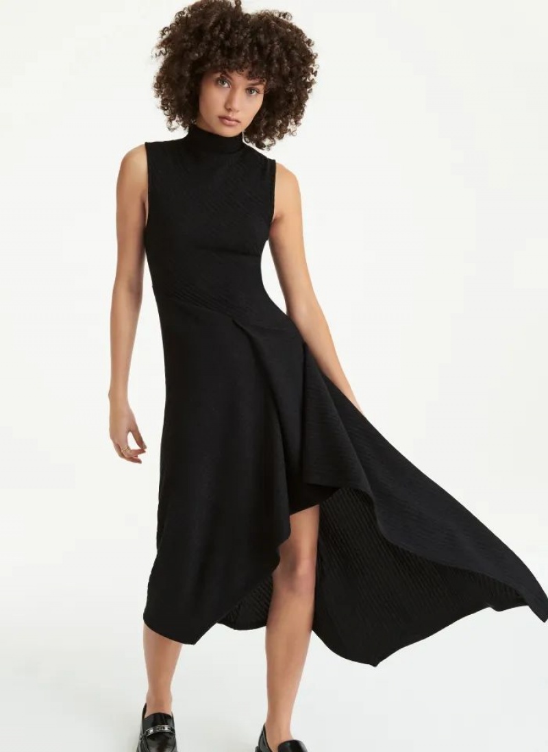 Black DKNY Sleeveless Asymmetrical Rib Hacci Midi Women's Dresses | USA-D0605