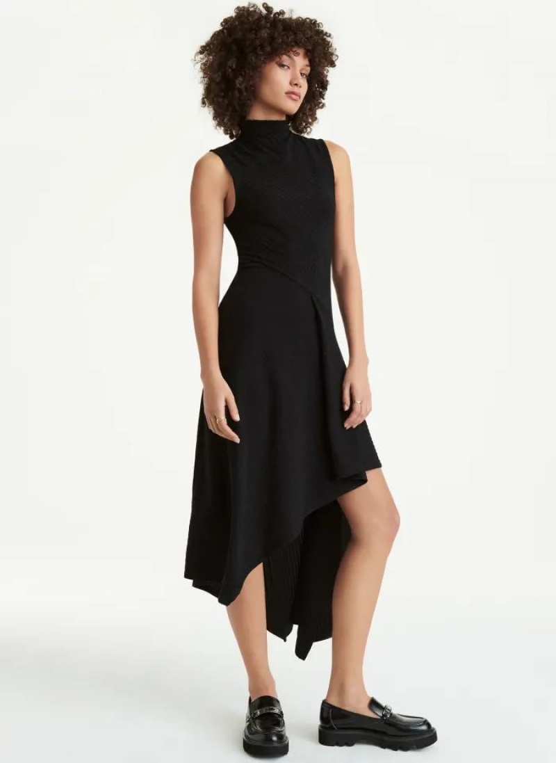 Black DKNY Sleeveless Asymmetrical Rib Hacci Midi Women\'s Dresses | USA-D0605