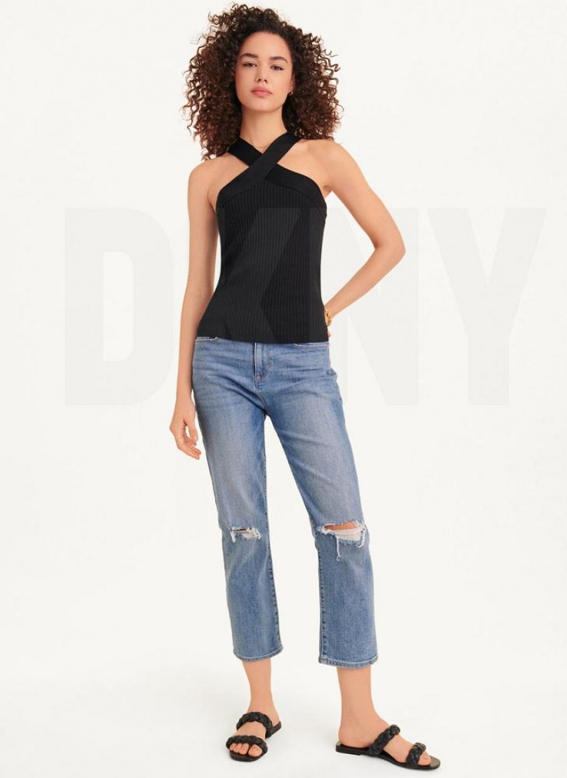 Black DKNY Sleeveless Crossover Women's Sweaters | USA-D1078