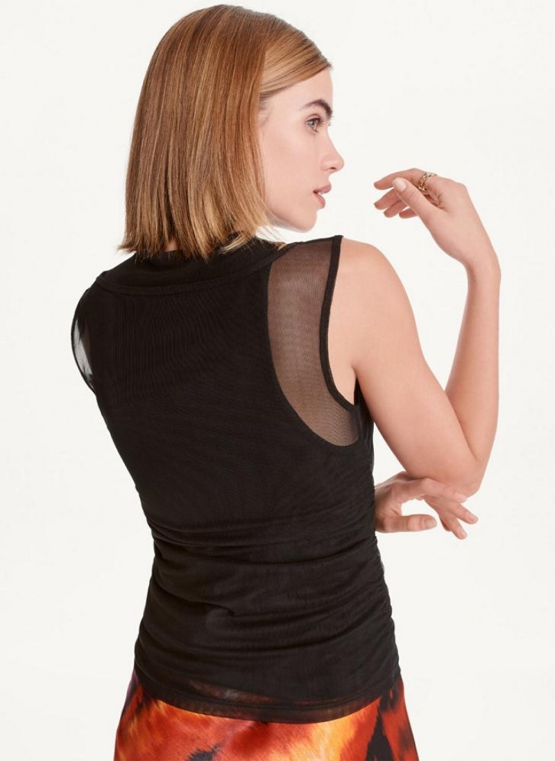 Black DKNY Sleeveless Double Mesh Layer Women's Tank Tops | USA-D1168