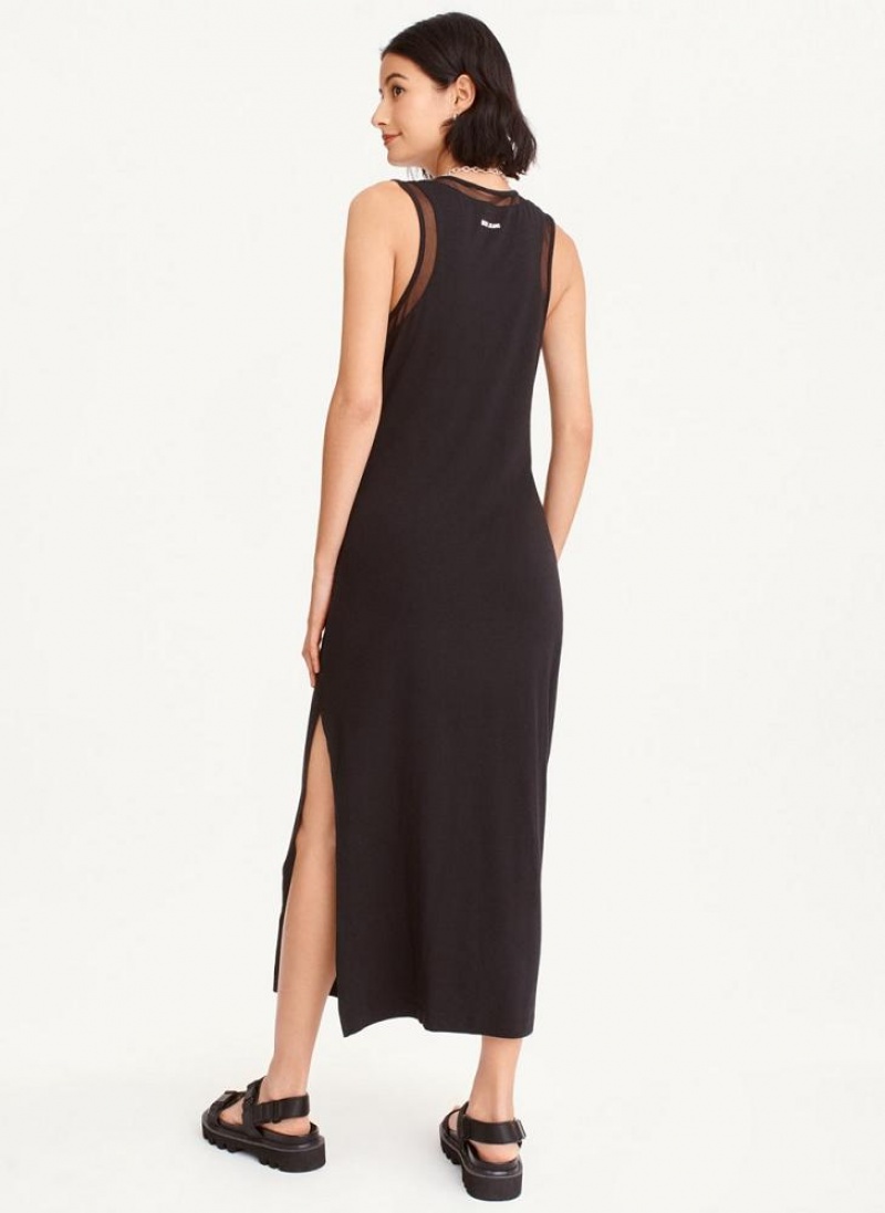 Black DKNY Sleeveless Mix Media Mesh Midi Women's Dresses | USA-D0486