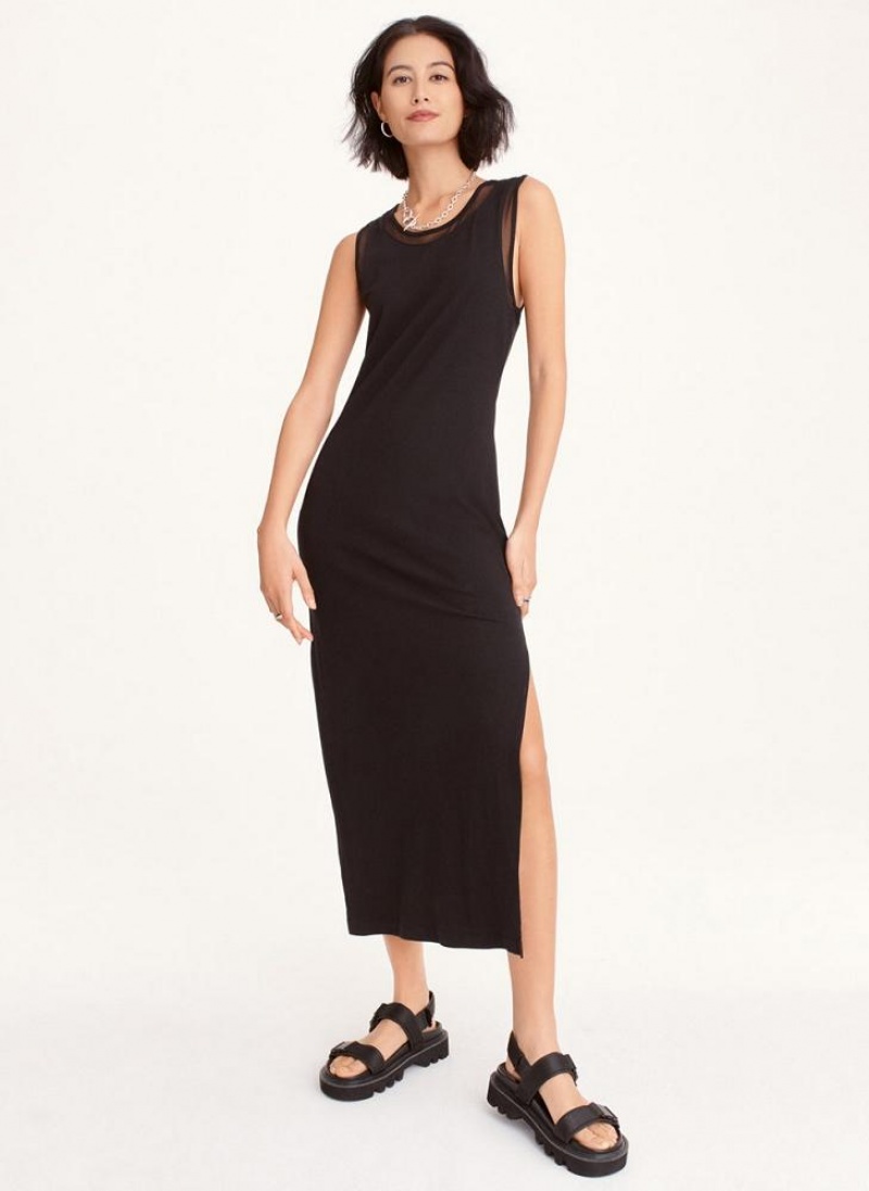 Black DKNY Sleeveless Mix Media Mesh Midi Women's Dresses | USA-D0486
