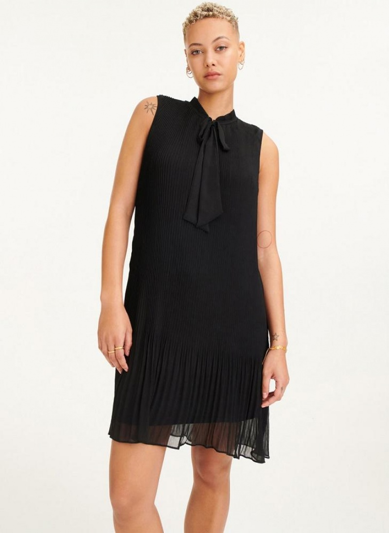 Black DKNY Sleeveless Pleated Women's Dresses | USA-D0925