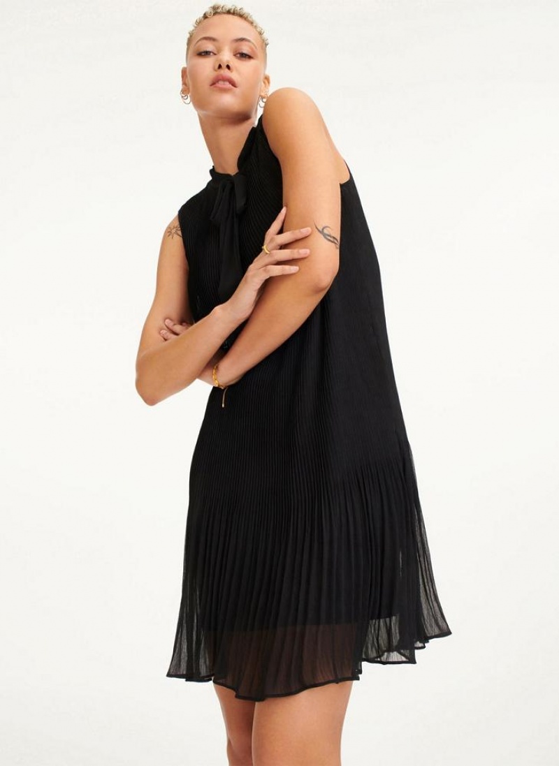 Black DKNY Sleeveless Pleated Women's Dresses | USA-D0925
