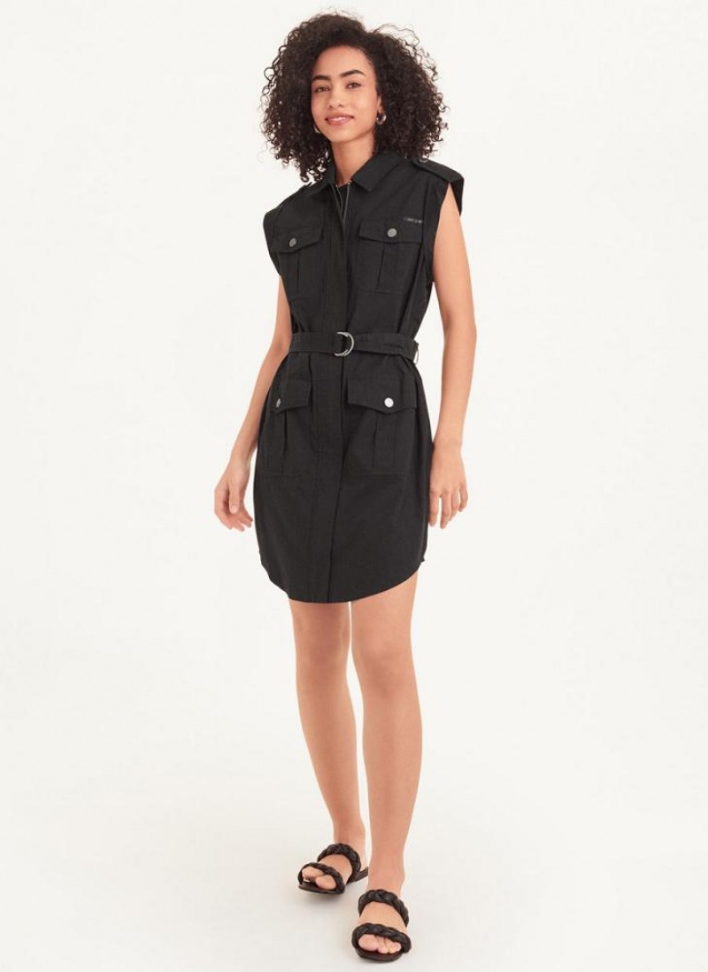 Black DKNY Sleeveless Poplin Women's Dresses | USA-D0796