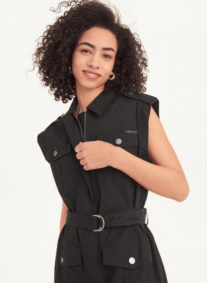 Black DKNY Sleeveless Poplin Women's Dresses | USA-D0796