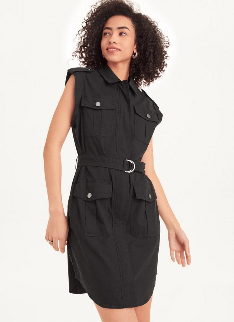 Black DKNY Sleeveless Poplin Women\'s Dresses | USA-D0796