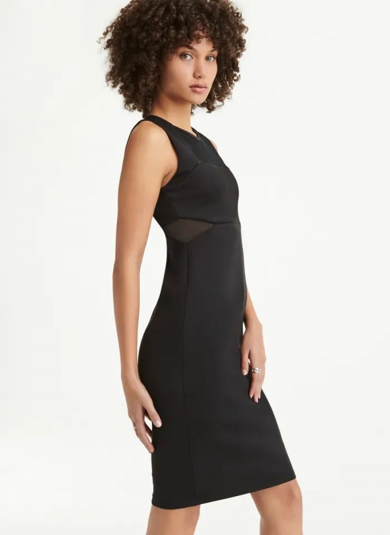 Black DKNY Sleeveless Scuba With Mesh Midi Women's Dresses | USA-D1781
