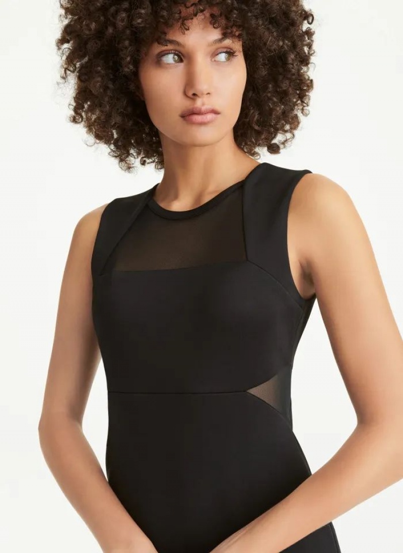 Black DKNY Sleeveless Scuba With Mesh Midi Women's Dresses | USA-D1781