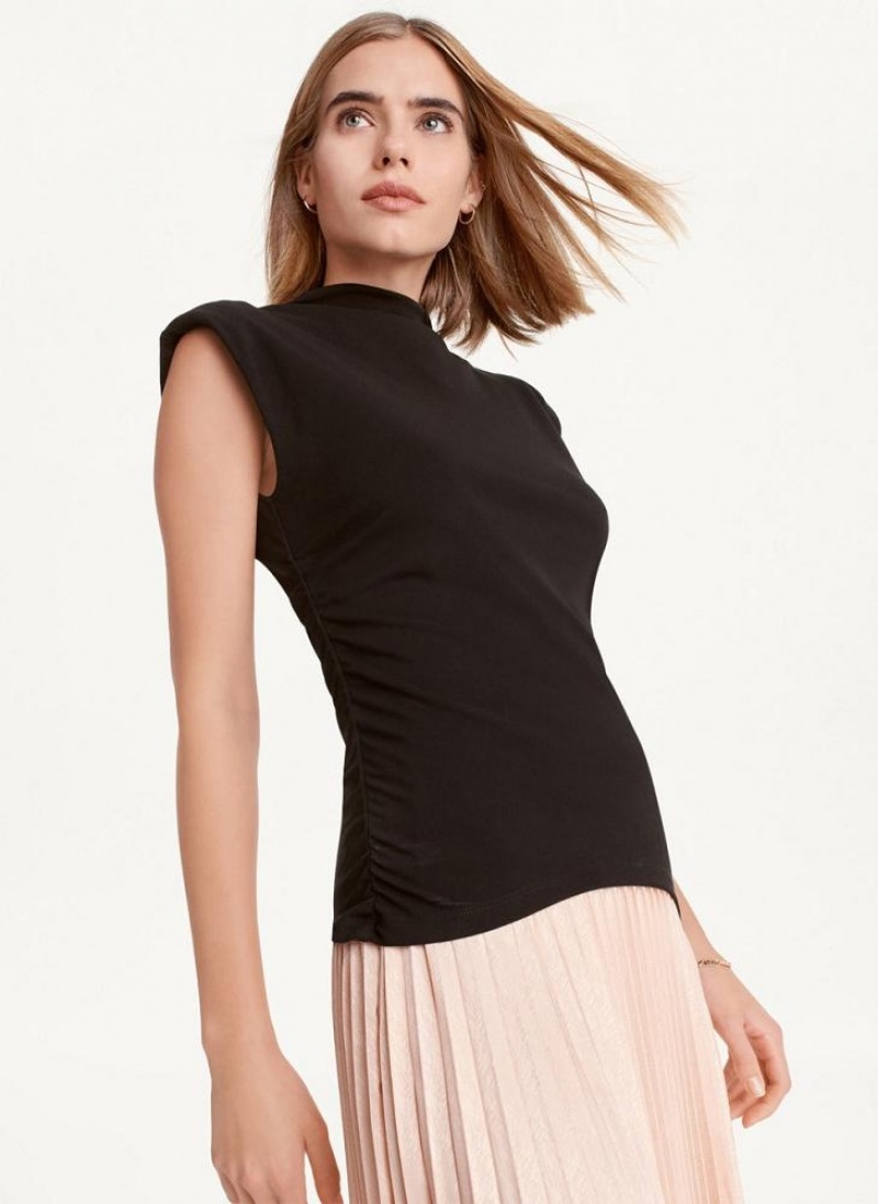 Black DKNY Sleeveless Side Ruch Women's Tank Tops | USA-D0307