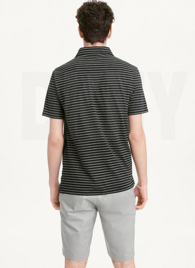 Black DKNY Slub Jersey Stripe Polo Men's T Shirts | USA-D0593