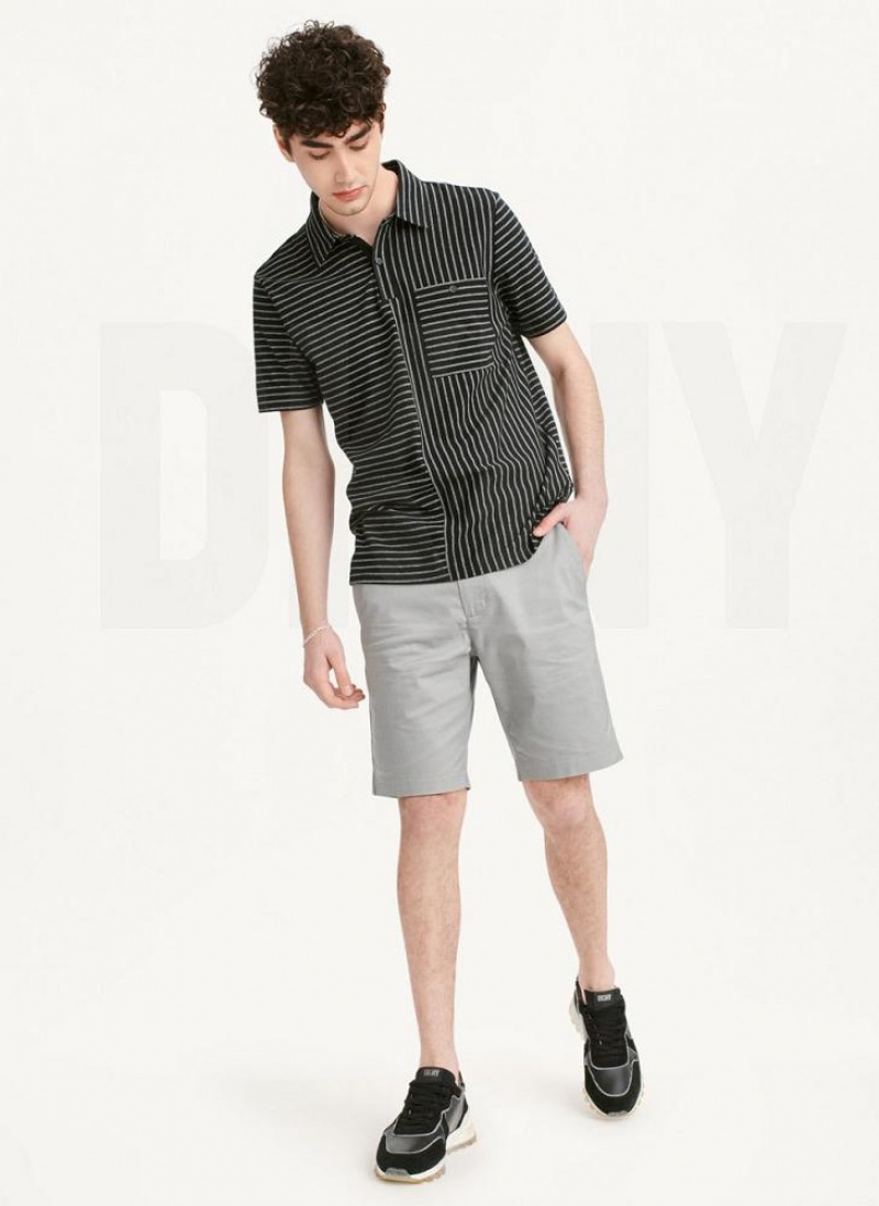 Black DKNY Slub Jersey Stripe Polo Men's T Shirts | USA-D0593