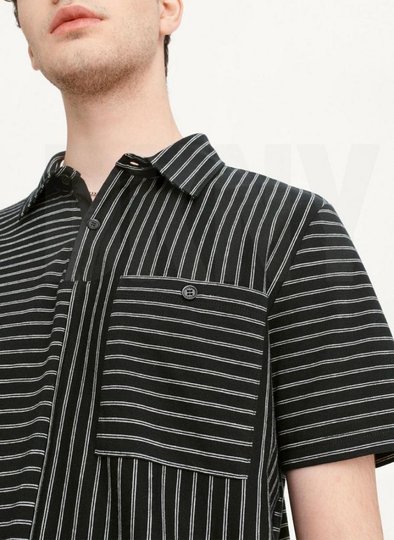 Black DKNY Slub Jersey Stripe Polo Men's T Shirts | USA-D0593