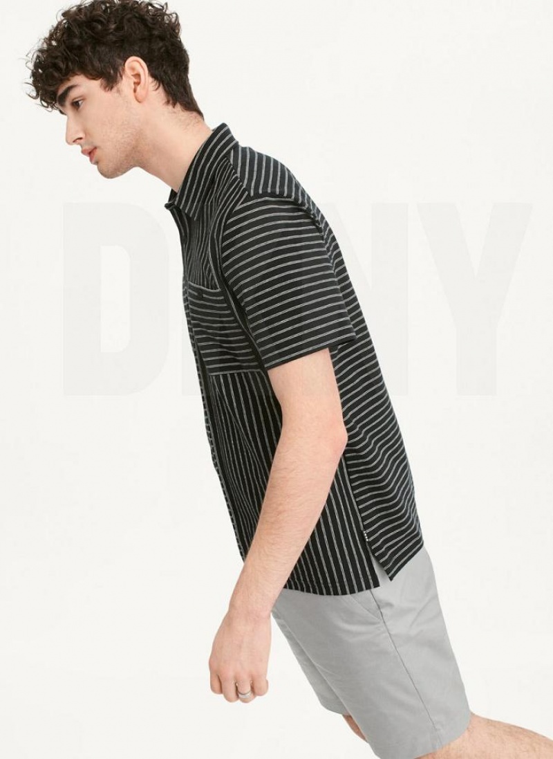 Black DKNY Slub Jersey Stripe Polo Men's T Shirts | USA-D0593
