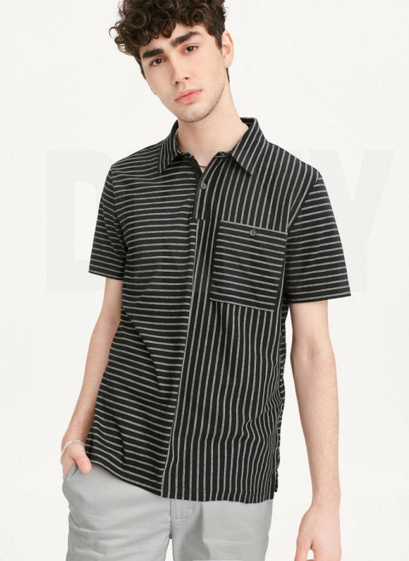 Black DKNY Slub Jersey Stripe Polo Men\'s T Shirts | USA-D0593