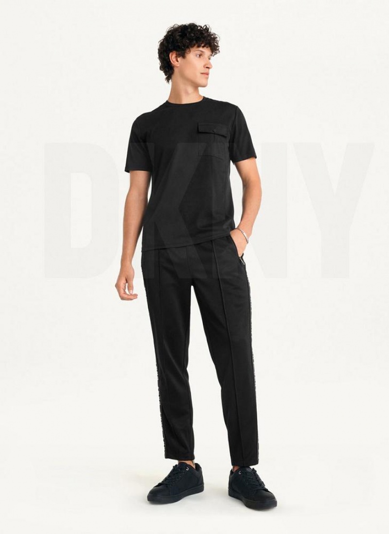 Black DKNY Solid Pique Crewneck Men's T Shirts | USA-D1174