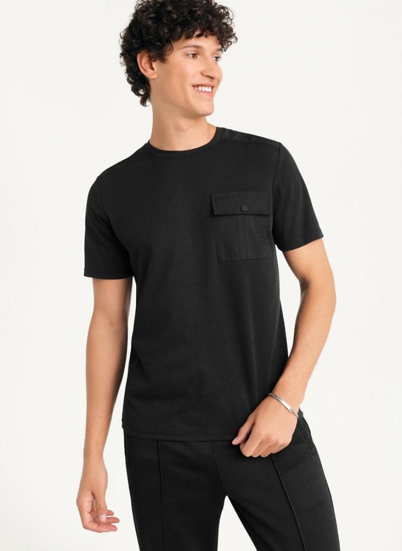 Black DKNY Solid Pique Crewneck Men's T Shirts | USA-D1174