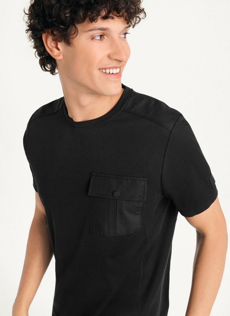 Black DKNY Solid Pique Crewneck Men's T Shirts | USA-D1174