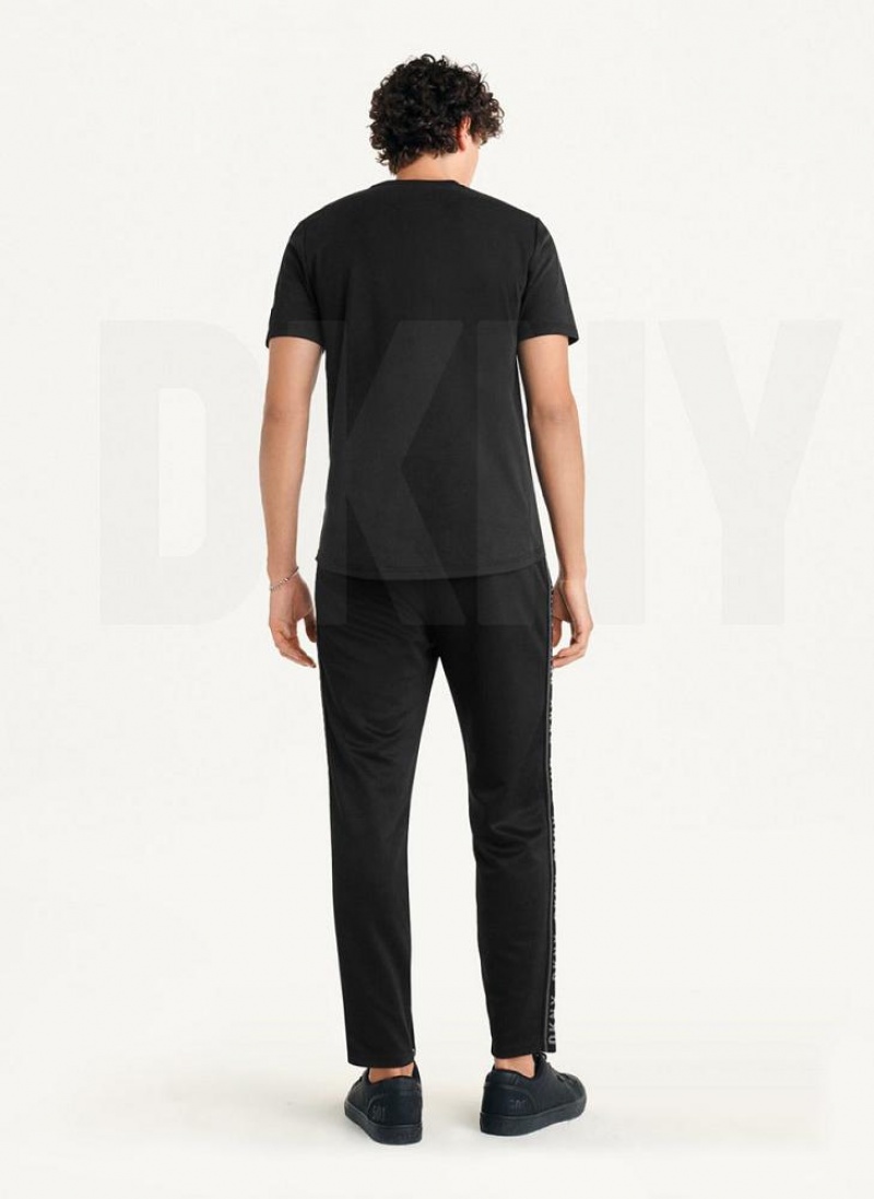 Black DKNY Solid Pique Crewneck Men's T Shirts | USA-D1174