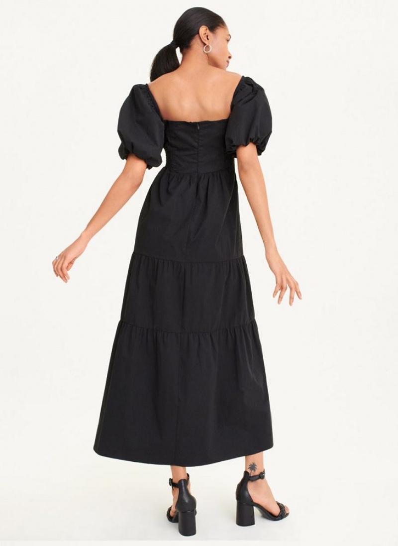 Black DKNY Square Neck Tiered Poplin Women's Dresses | USA-D0906