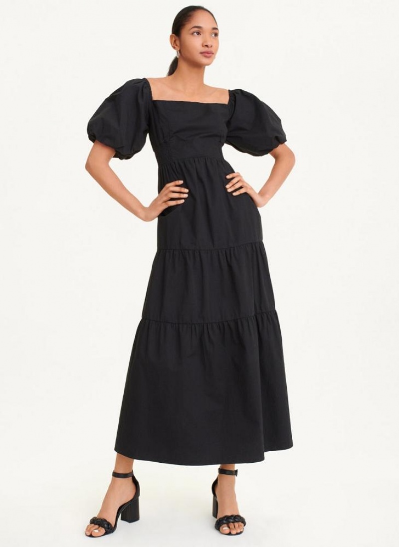 Black DKNY Square Neck Tiered Poplin Women's Dresses | USA-D0906
