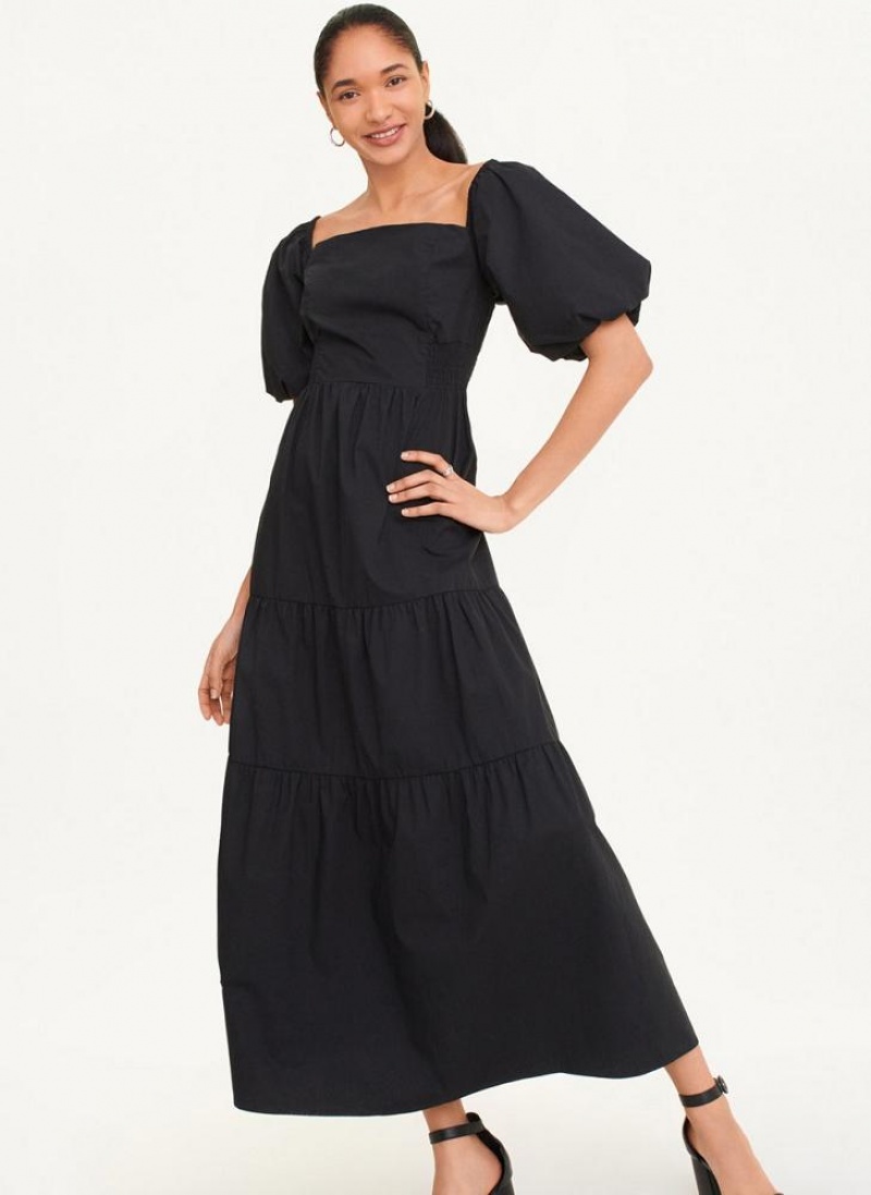 Black DKNY Square Neck Tiered Poplin Women\'s Dresses | USA-D0906