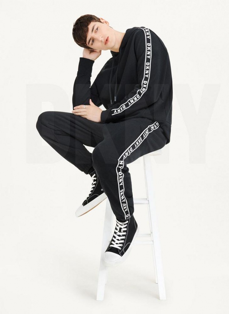 Black DKNY Taped Logo Men's Hoodies | USA-D1401