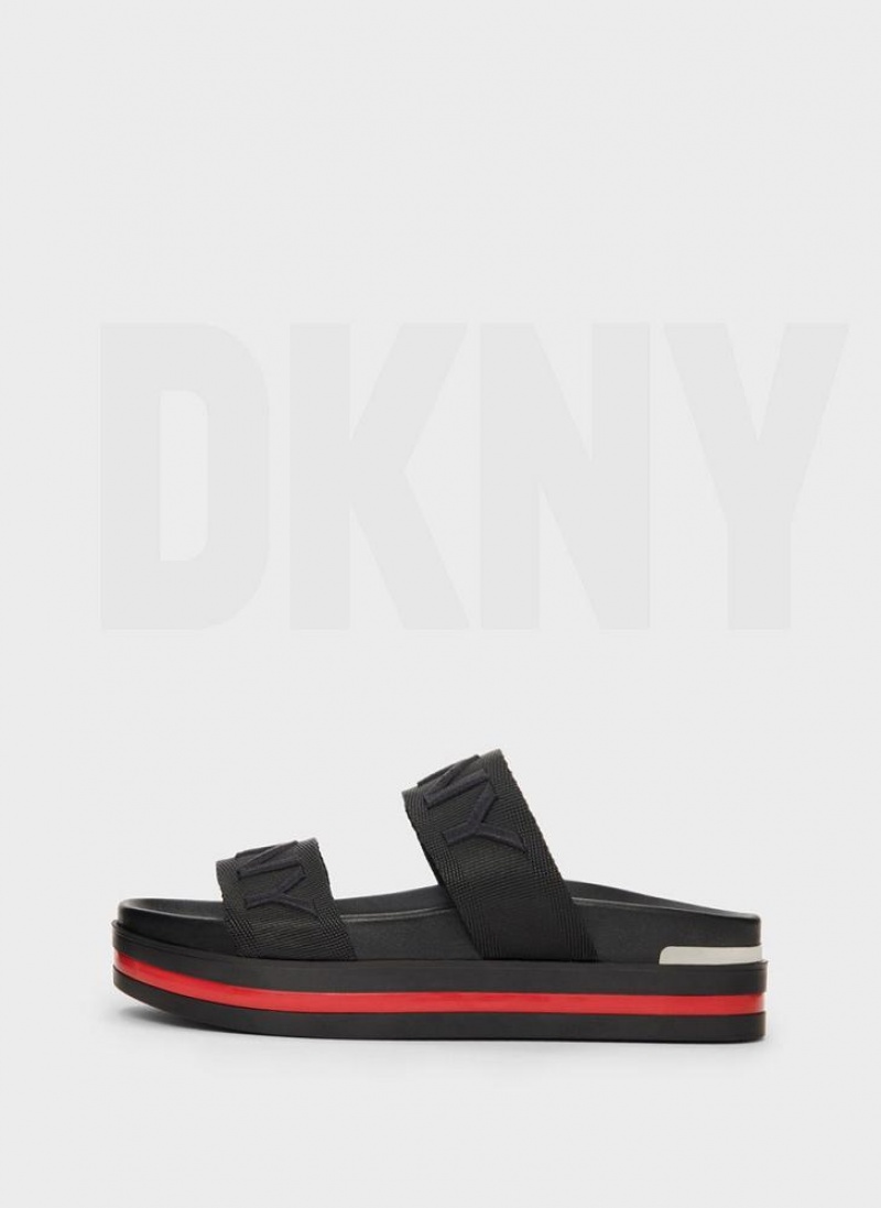 Black DKNY Tee Double Band Shoes Slides | USA-D1162