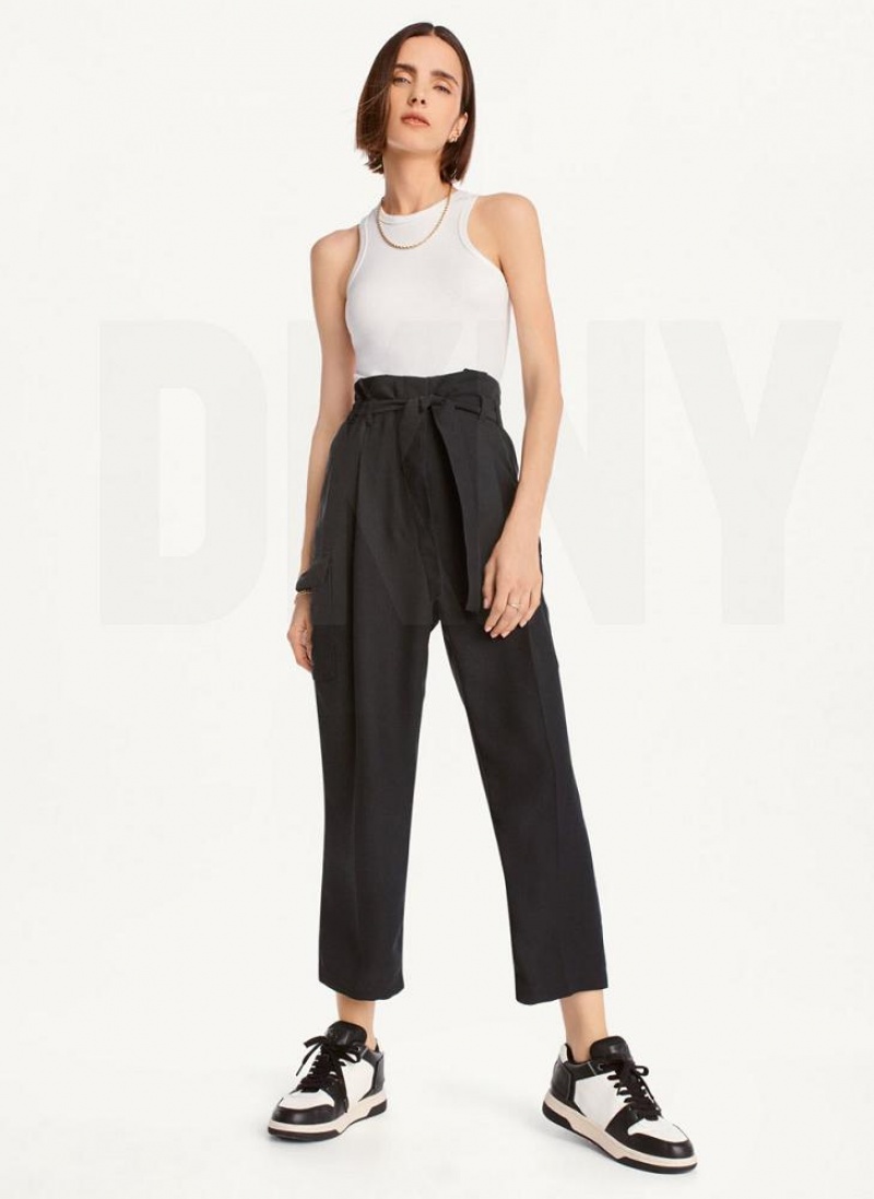 Black DKNY Tie High Waist Tapered Women's Pants | USA-D0529