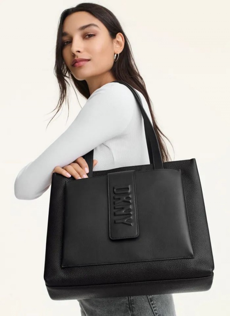Black DKNY Uptown Leather Large Bags Tote Bags | USA-D1617