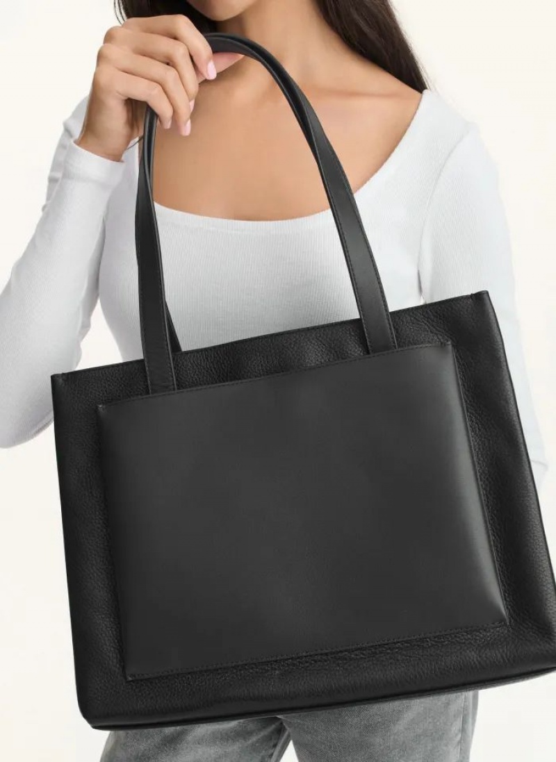 Black DKNY Uptown Leather Large Bags Tote Bags | USA-D1617