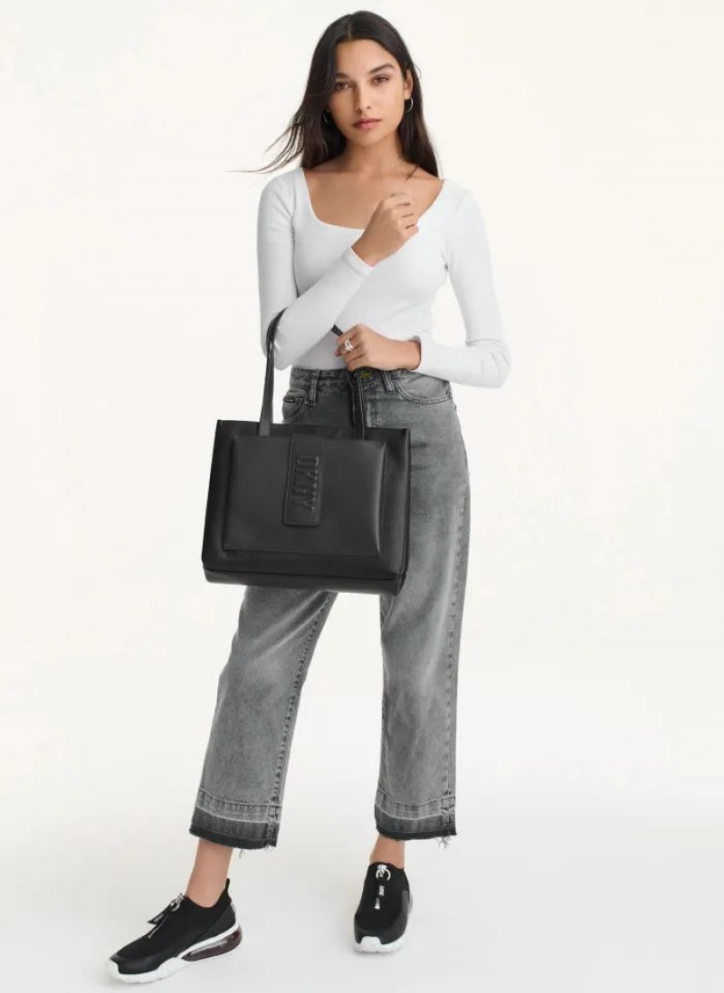 Black DKNY Uptown Leather Large Bags Tote Bags | USA-D1617