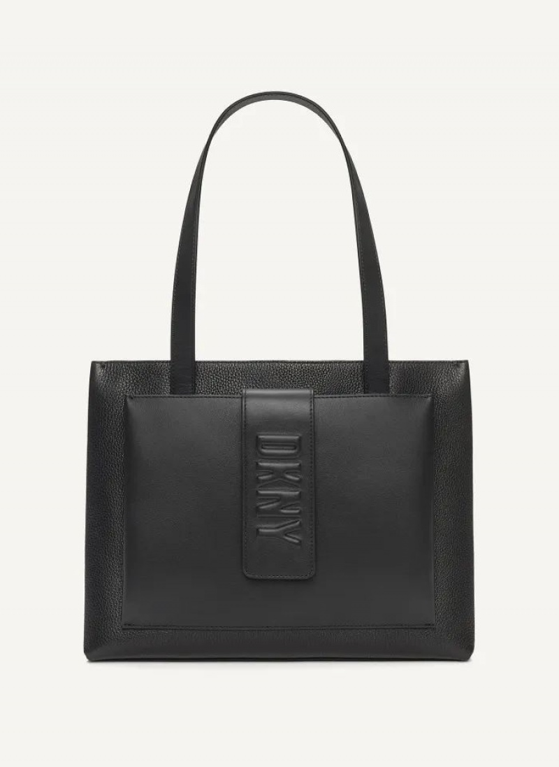 Black DKNY Uptown Leather Large Bags Tote Bags | USA-D1617