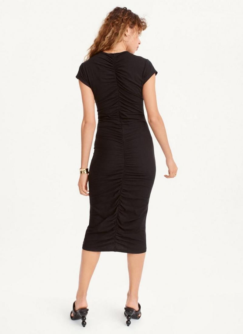 Black DKNY V-Neck Ruched Midi Women's Dresses | USA-D1294