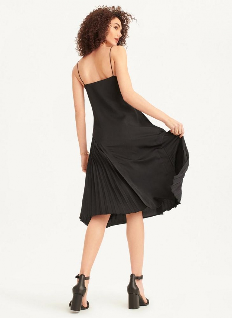 Black DKNY V-neck Asymmetrical Pleated Women's Dresses | USA-D0783