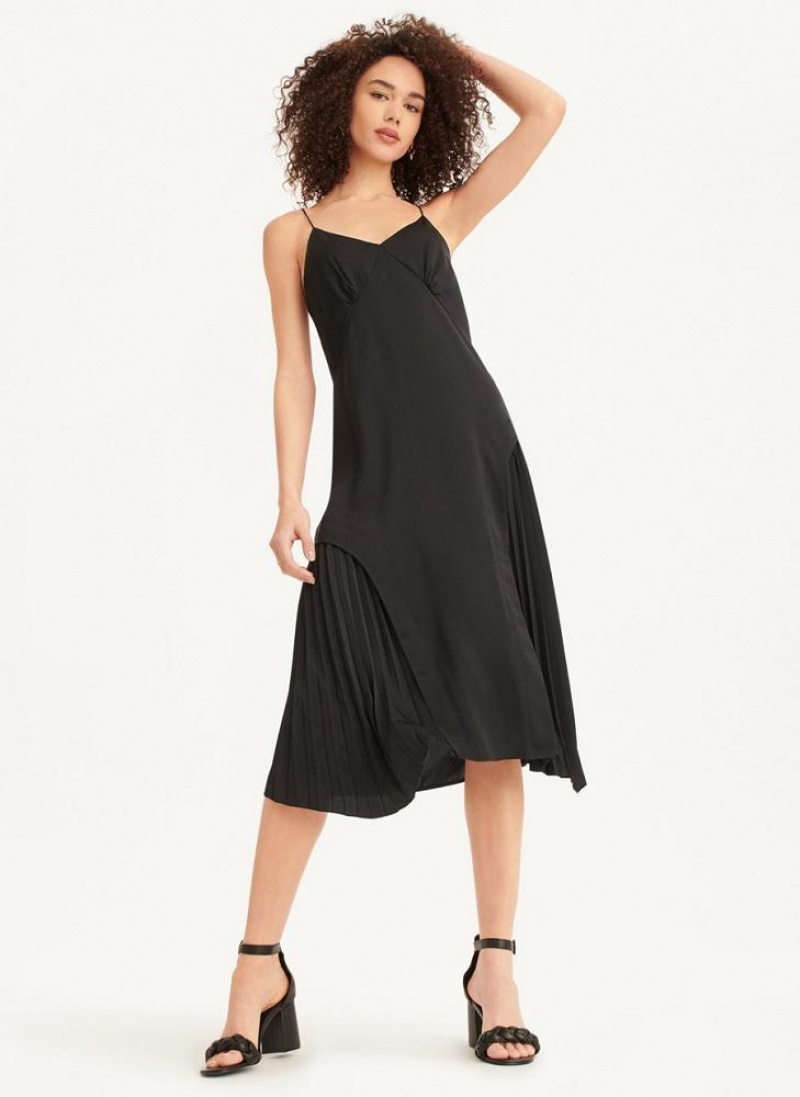 Black DKNY V-neck Asymmetrical Pleated Women's Dresses | USA-D0783