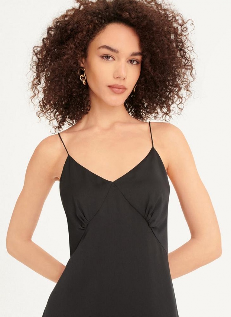 Black DKNY V-neck Asymmetrical Pleated Women's Dresses | USA-D0783