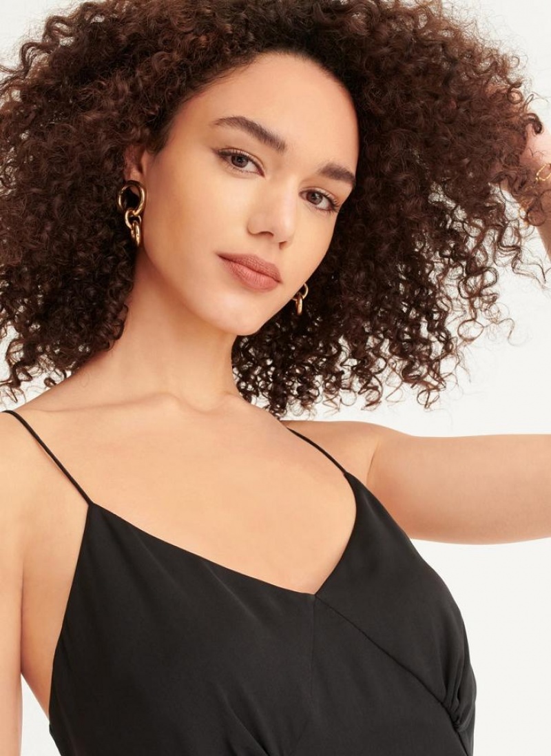 Black DKNY V-neck Asymmetrical Pleated Women's Dresses | USA-D0783