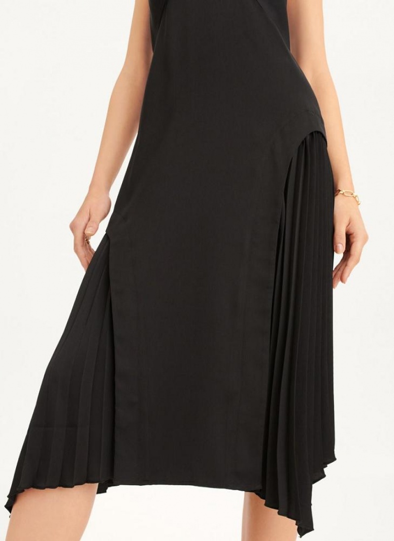 Black DKNY V-neck Asymmetrical Pleated Women's Dresses | USA-D0783