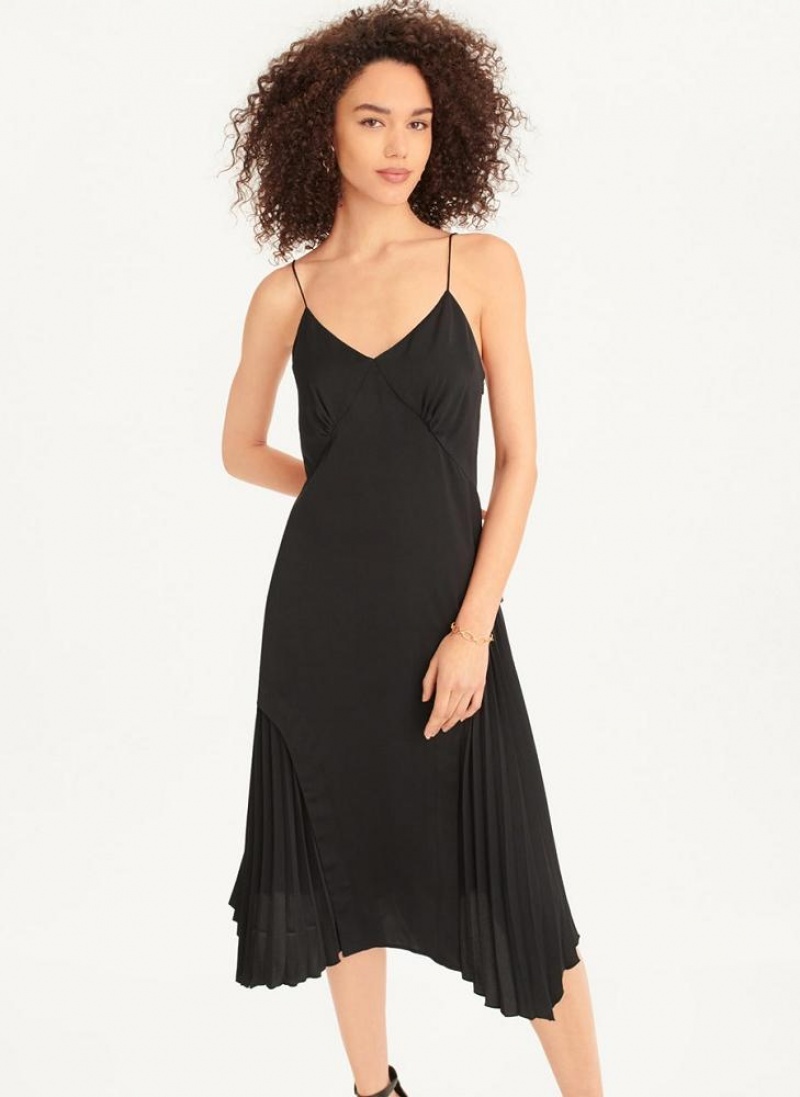 Black DKNY V-neck Asymmetrical Pleated Women\'s Dresses | USA-D0783