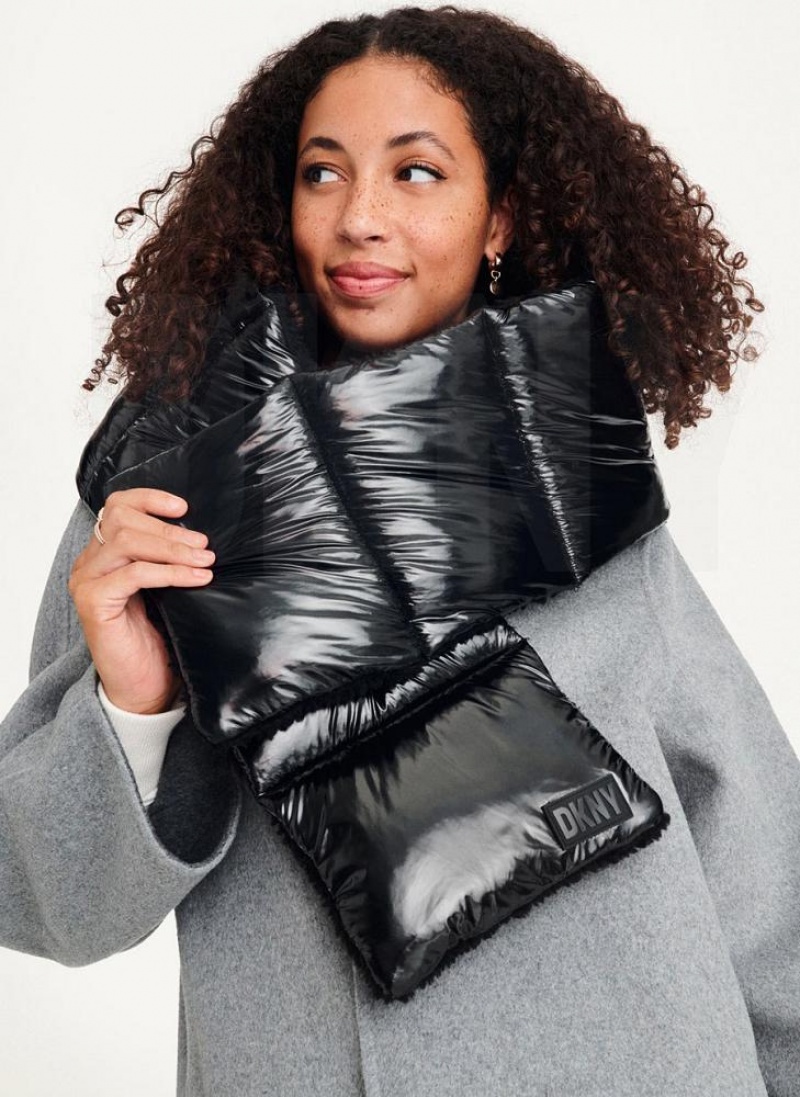 Black DKNY Wet Nylon Puffer Pull Through Women's Scarf | USA-D0291