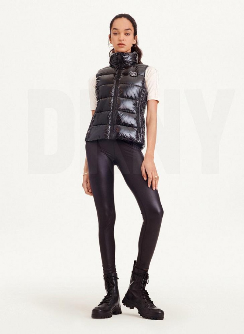 Black DKNY Wet Token Logo Puffer Vest Women's Coats | USA-D0220