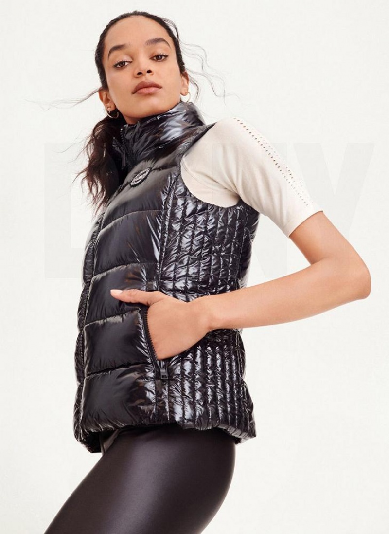 Black DKNY Wet Token Logo Puffer Vest Women's Coats | USA-D0220
