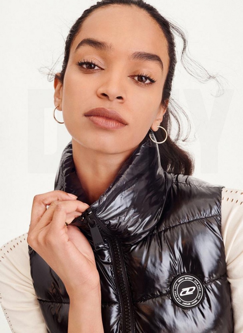 Black DKNY Wet Token Logo Puffer Vest Women's Coats | USA-D0220