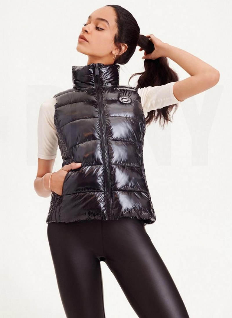 Black DKNY Wet Token Logo Puffer Vest Women\'s Coats | USA-D0220