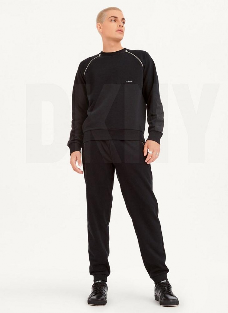 Black DKNY Zipper Detail Crewneck Men's Sweatshirts | USA-D1633